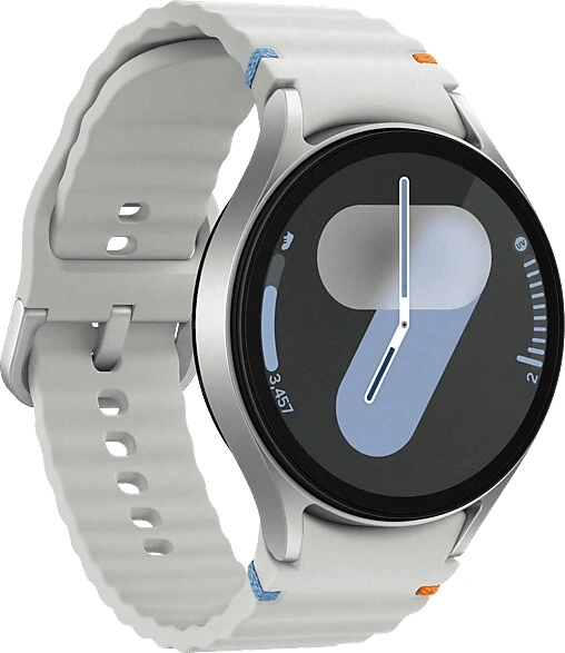 Eine weiße Smartwatch mit silbernfarbenem Gehäuse und einem schwarzen Zifferblatt mit einer "9" und Aktivitätsanzeige.