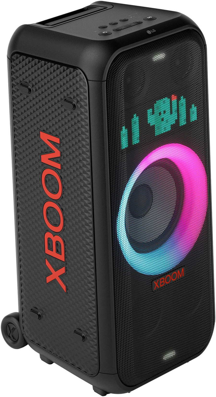 Schwarzer LG XBOOM Lautsprecher mit bunten Lichtern und Rädern