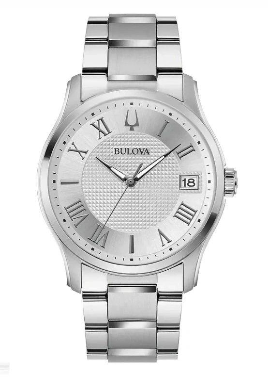 Silberne Bulova-Uhr mit römischen Ziffern und Datumsanzeige