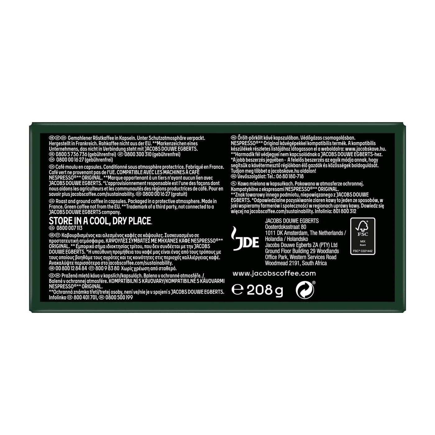 Kaffeekapseln mit Text und Logo. Verpackungsinformationen und FSC-Zertifizierung.