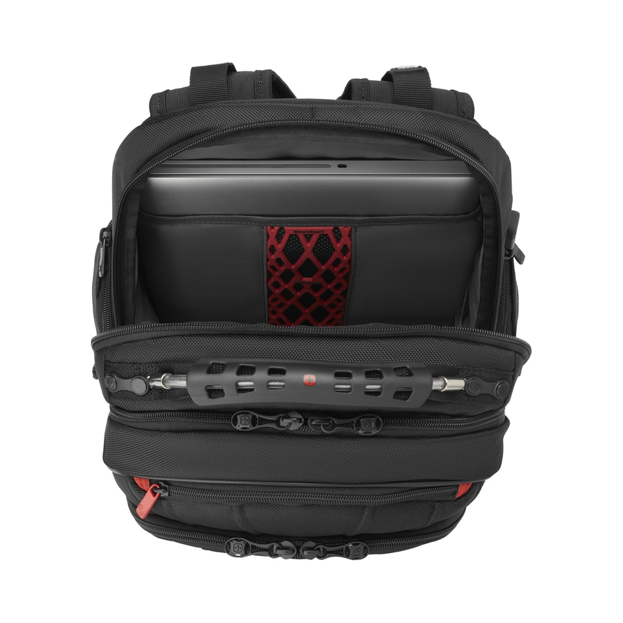 Schwarzer Rucksack mit Laptop, offen, mit rotem Detail und Reißverschlüssen.