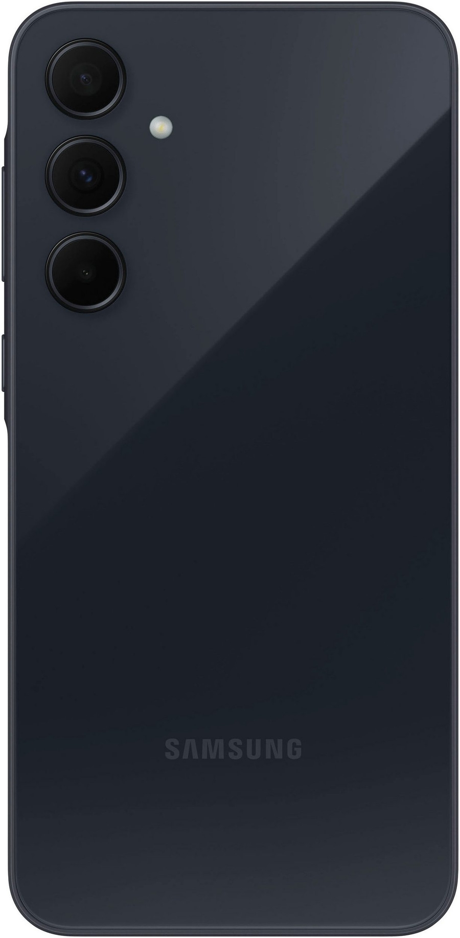 Dunkelblaues Smartphone mit drei Kameras und Samsung-Logo auf der Rückseite.