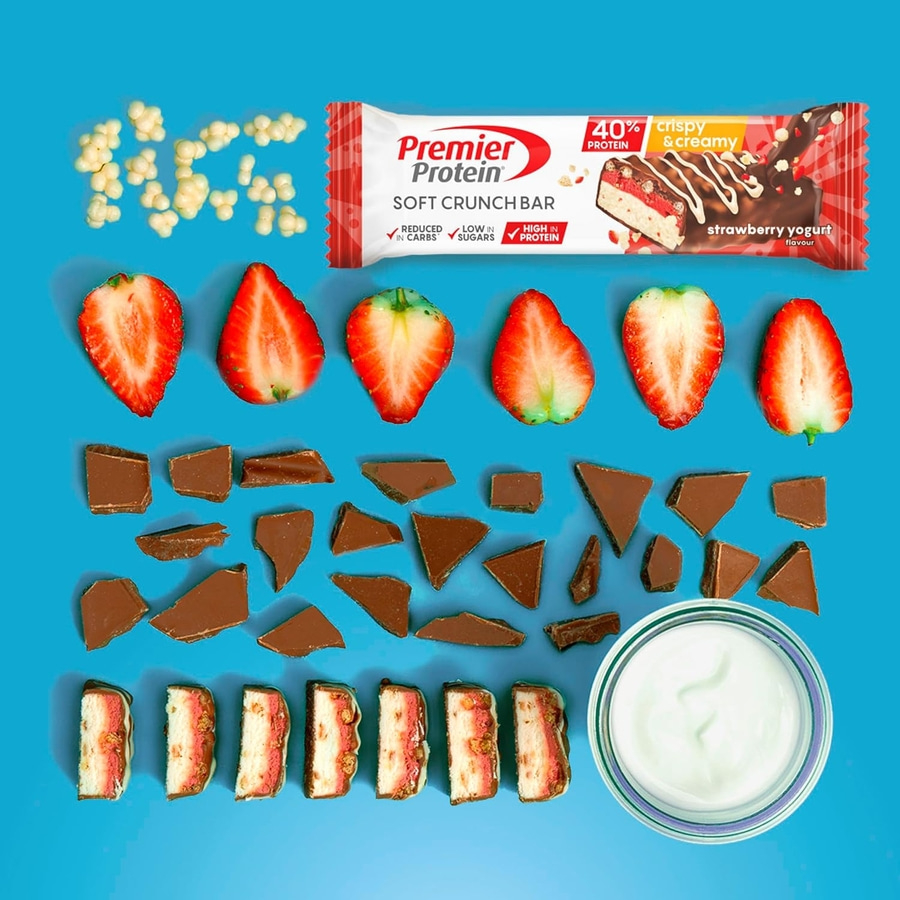 Premier Protein Riegel mit Erdbeeren, Schokolade und Joghurt.