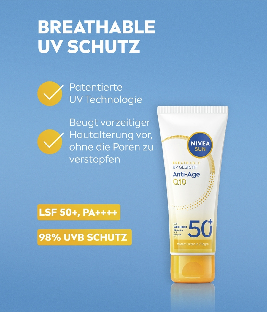Nivea Sun Anti-Age Q10 Gesichtscreme mit LSF 50+ und 98% UVB Schutz.