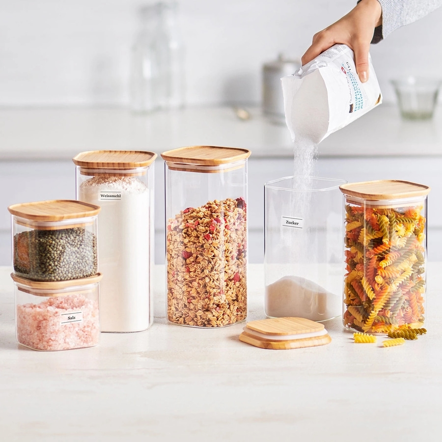 BETTY BOSSI Vorratsdose Glas 1.7 l - 2 Stück Glas Silikon Bambus Braun NEU