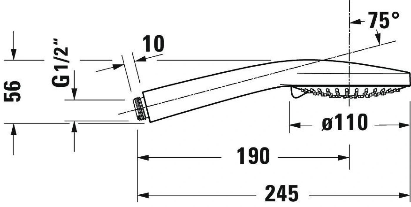 Duschkopf mit Abmessungen: 56mm, G1/2", 10mm, 190mm, 245mm, Ø110mm, 75° Winkel