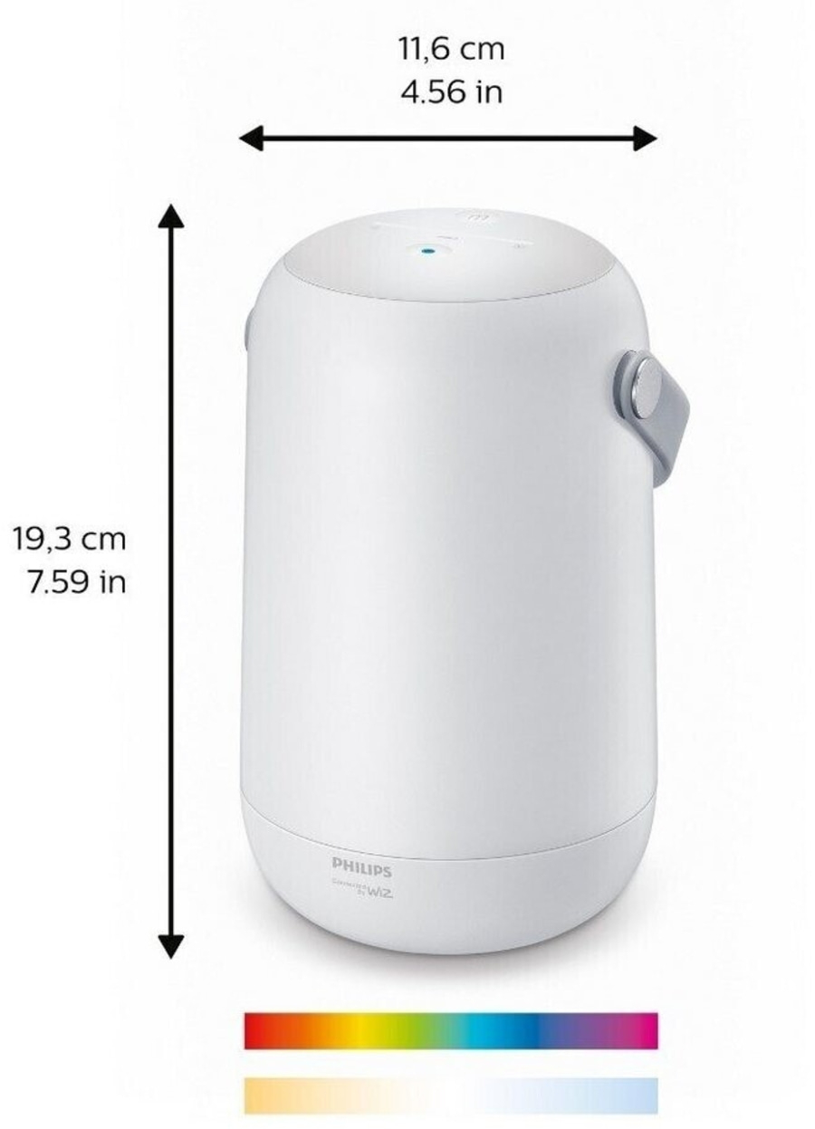 Weißes Philips-Nachtlicht mit Abmessungen und Farbbeispielen.