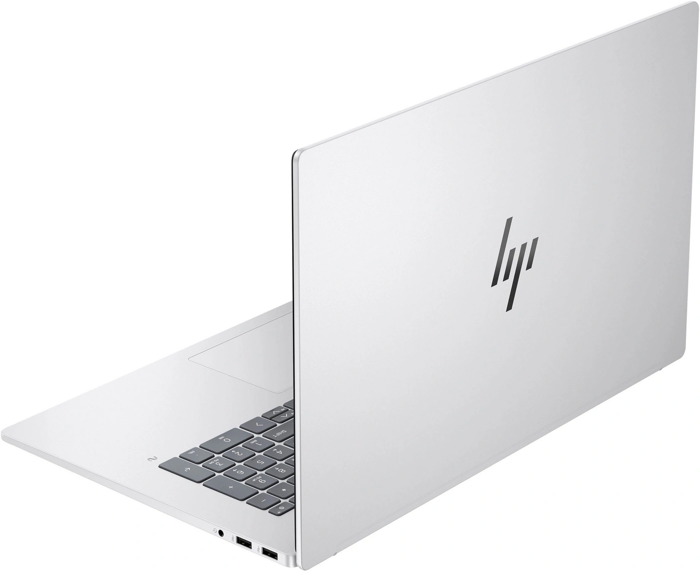 Ein weißes HP Laptop mit schwarzem HP Logo auf dem Deckel.