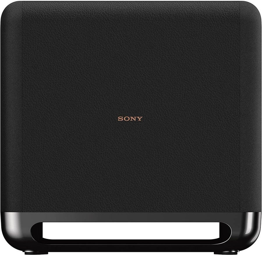 Schwarzer Subwoofer mit Sony-Logo, rechteckig, modern, elegant, Bass