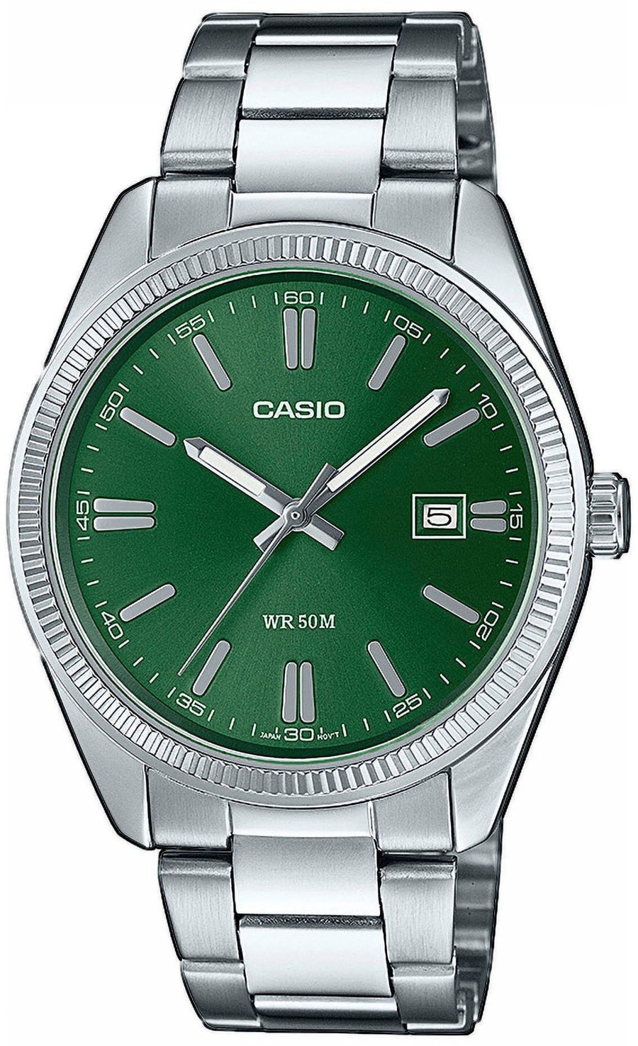 CASIO Collection Herrenarmbanduhr MTP-1302PD-3AVEF Quarz Neo-Display B-WARE Casio-Uhr mit grünem Zifferblatt und silbernem Armband, Nahaufnahme