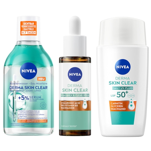 NIVEA DERMA SKIN CLEAR Routine Set Mizellenwasser + UV-Fluid + Rebalance Serum