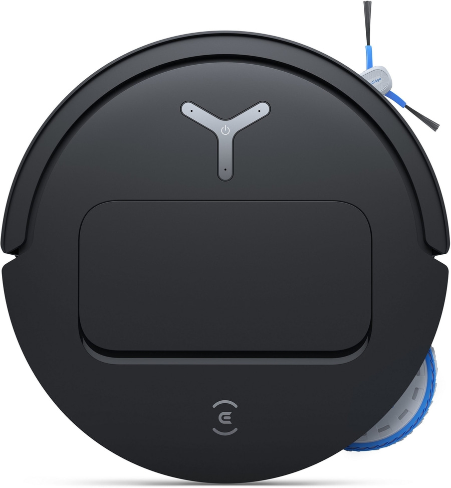 Schwarzer Saugroboter mit blauen Bürsten und einem Power-Symbol.