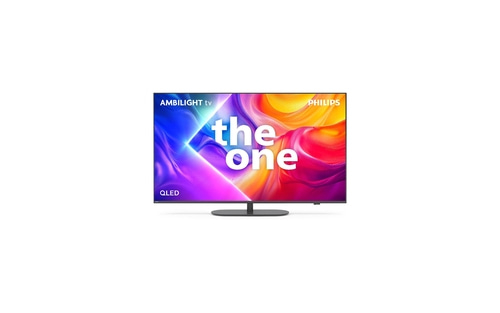 Philips Fernseher mit Ambilight, QLED und der Aufschrift 'the one'.