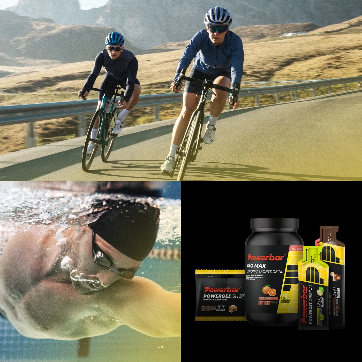 Sportler beim Radfahren, Schwimmen und Energieprodukte von Powerbar.