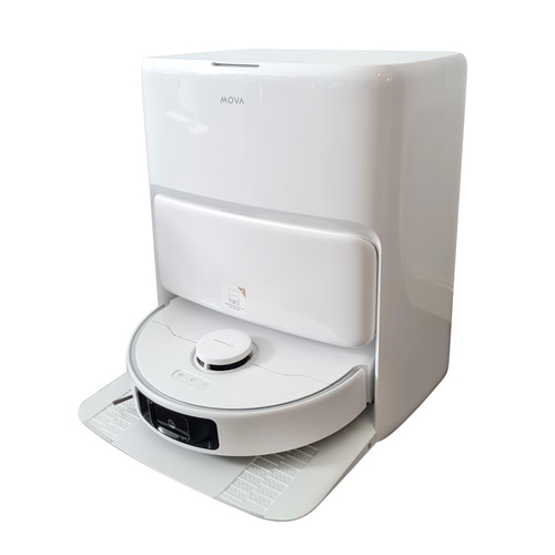 Weißer Roboter-Staubsauger mit Ladestation, MOVA-Logo, modernes Design, Reinigung