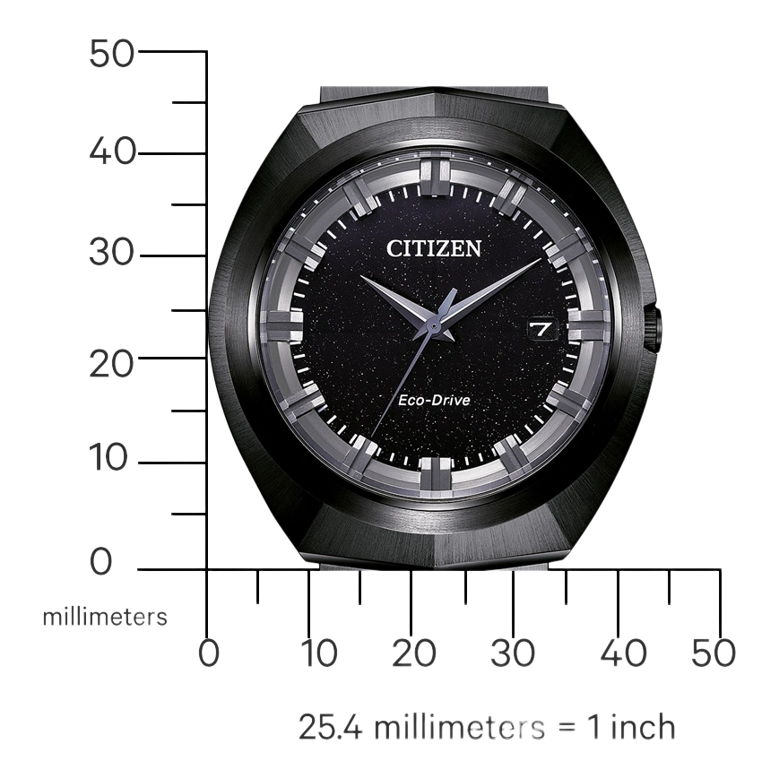 Schwarze Citizen-Uhr mit Sternenhimmel-Zifferblatt und Eco-Drive-Technologie.