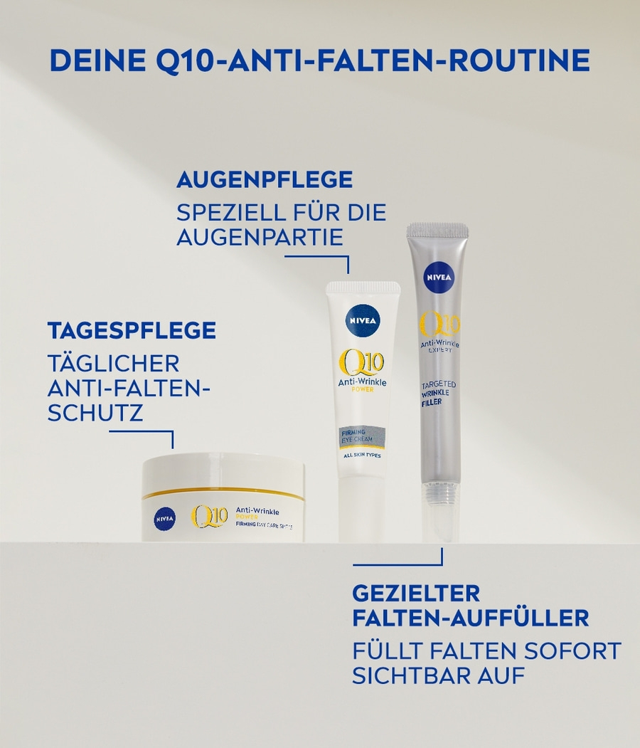 Nivea Q10 Anti-Falten-Routine: Augenpflege, Tagespflege, Faltenauffüller.