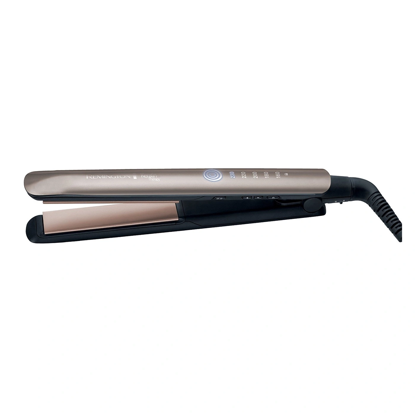 Ein Remington Keratin Therapy Glätteisen mit silberner und roségoldener Oberfläche.