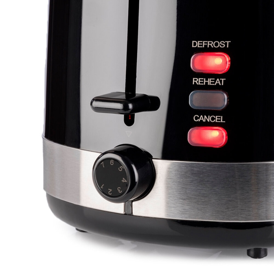 Schwarzer Toaster mit Knöpfen und Licht. Defrost, Reheat, Cancel.