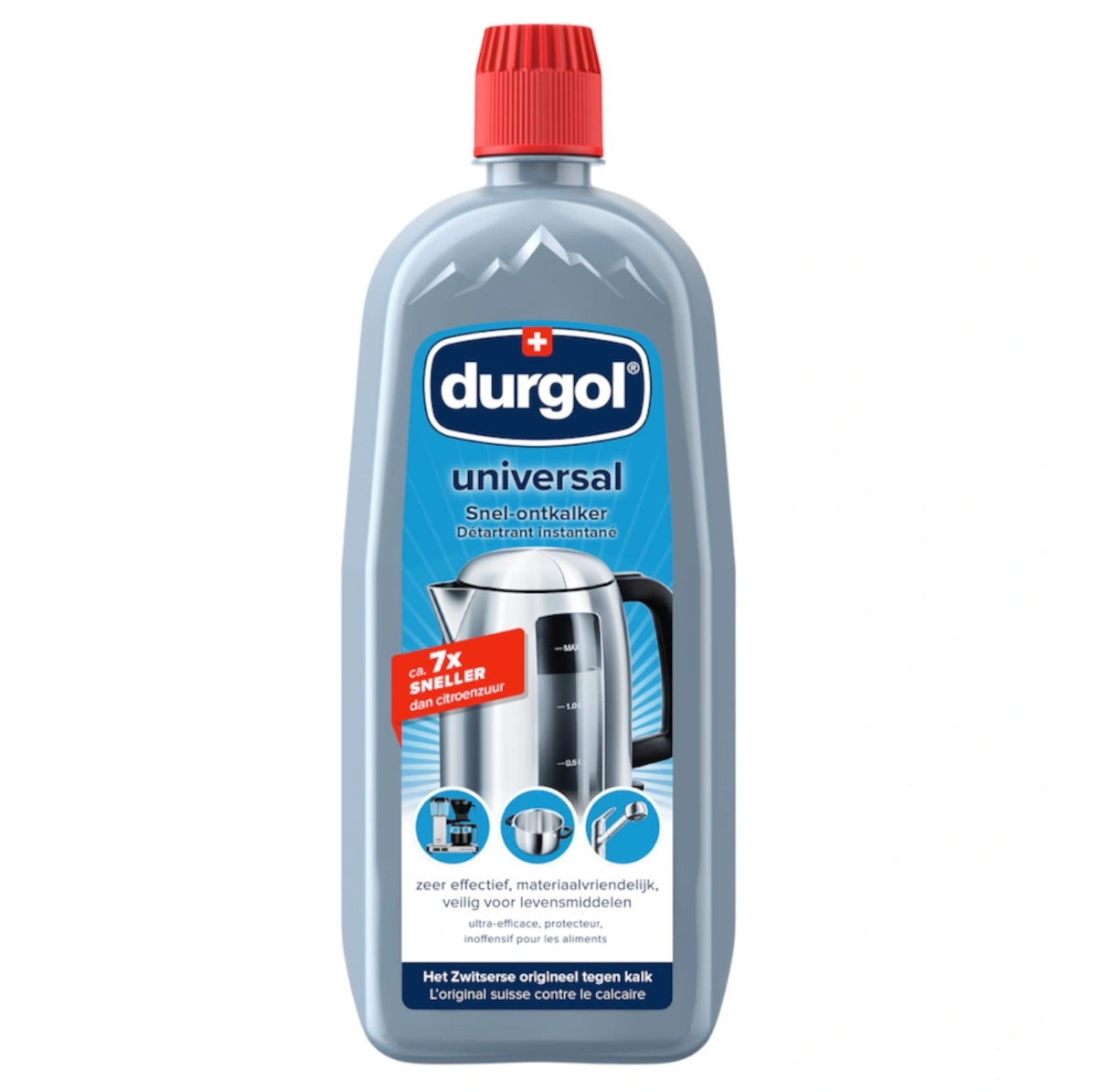 Flasche mit Durgol Universal Entkalker, darauf Berggipfel und Wasser.