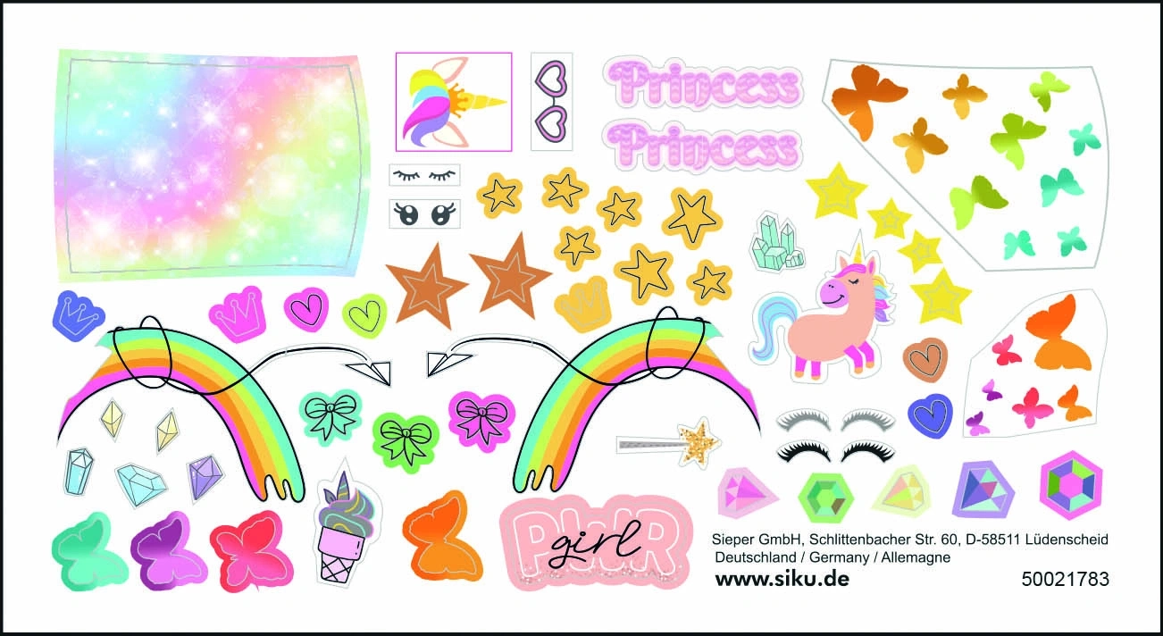 Aufkleberbogen mit Einhörnern, Regenbogen, Schmetterlingen und Sternen.