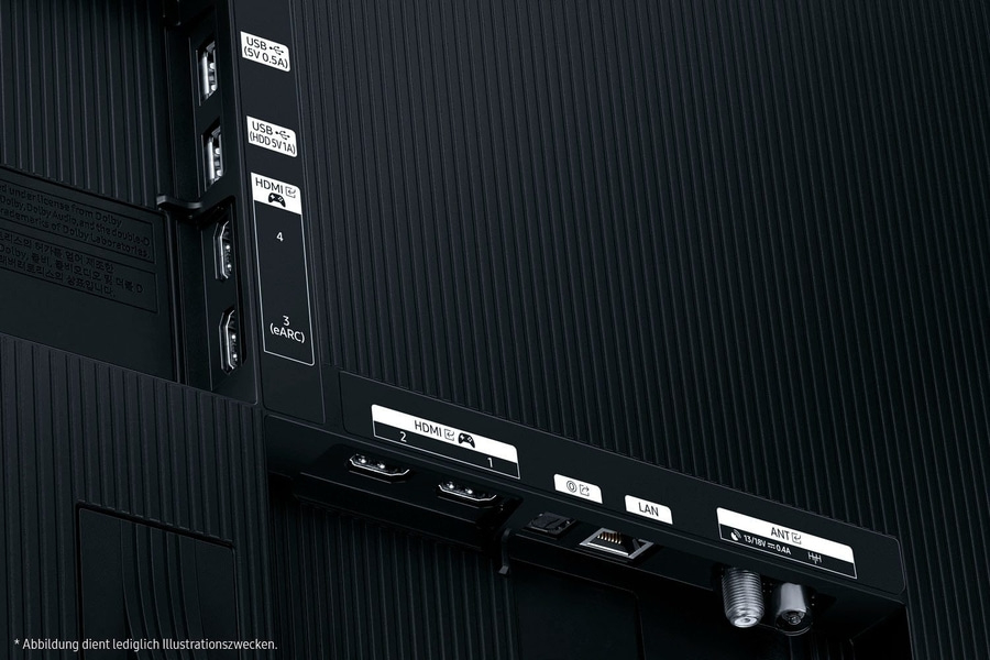 Rückseite eines Fernsehers mit Anschlüssen wie HDMI, USB und LAN.