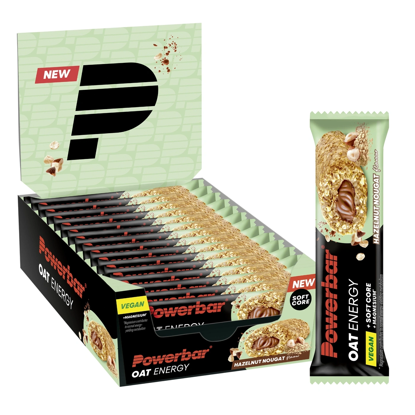 Powerbar Haferriegel in Nussnougat-Geschmack mit "New"-Aufkleber.