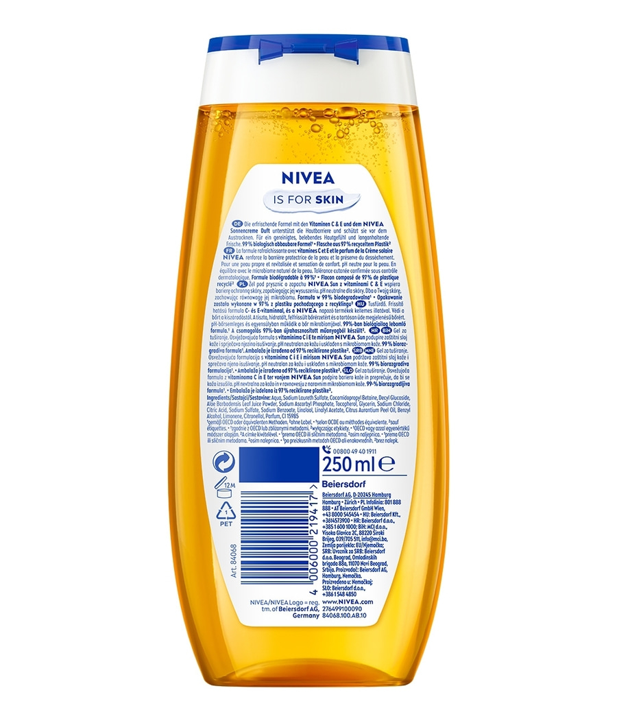 Ein NIVEA Duschgel mit Vitamin C & E in gelber Farbe.
