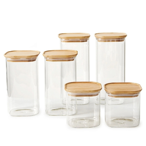 BETTY BOSSI Vorratsdose Glas versch. Größen - 6er-Set Braun Glas Bambus NEU