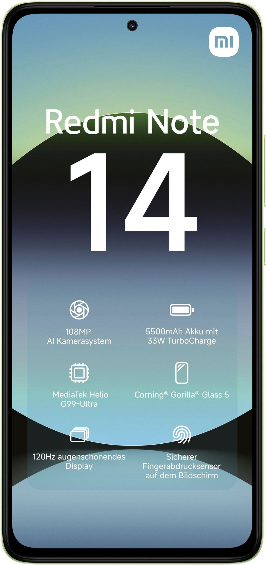 Redmi Note 14 Smartphone mit 108MP Kamera, 5500mAh Akku und 120Hz Display.