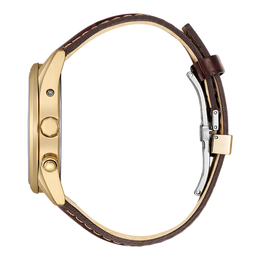 Goldene Uhr mit braunem Lederarmband, Nahaufnahme, Detailaufnahme, seitlich
