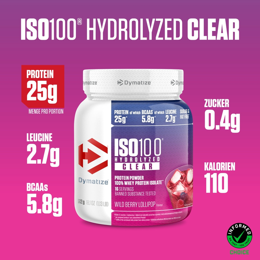 Becher mit Dymatize ISO100 Hydrolyzed Clear Wild Berry Lollipop Geschmack