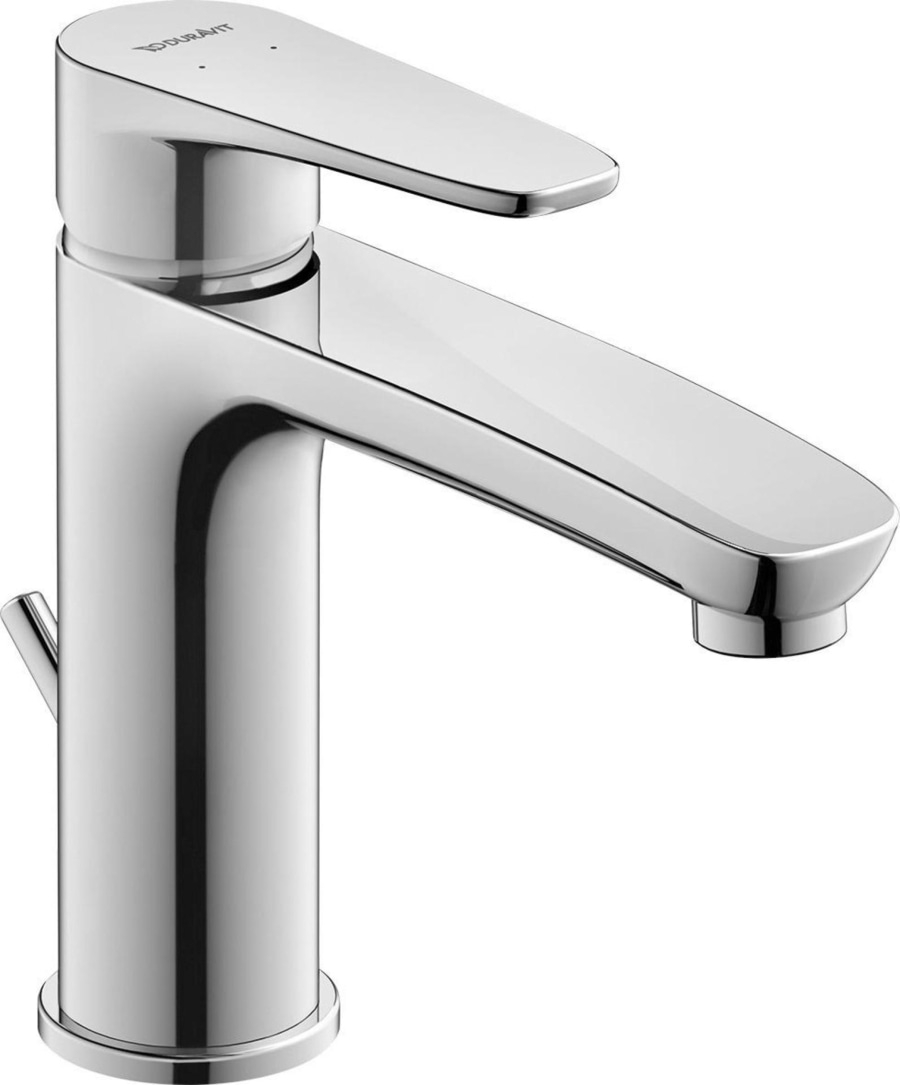 Chrom-Wasserhahn, glänzend, modern, Badezimmerarmatur, Duravit-Logo, Wasserhahn, Metall