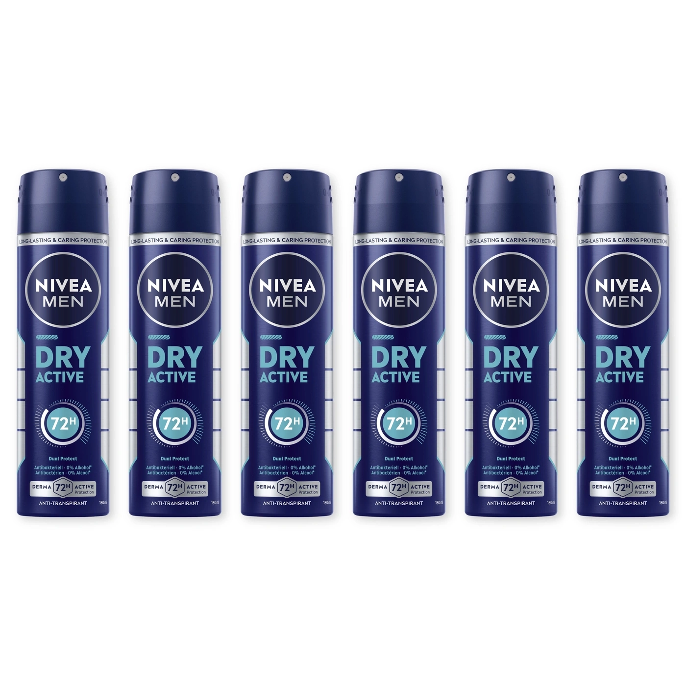 Sechs NIVEA MEN DRY ACTIVE Deosprays nebeneinander, 72h Schutz
