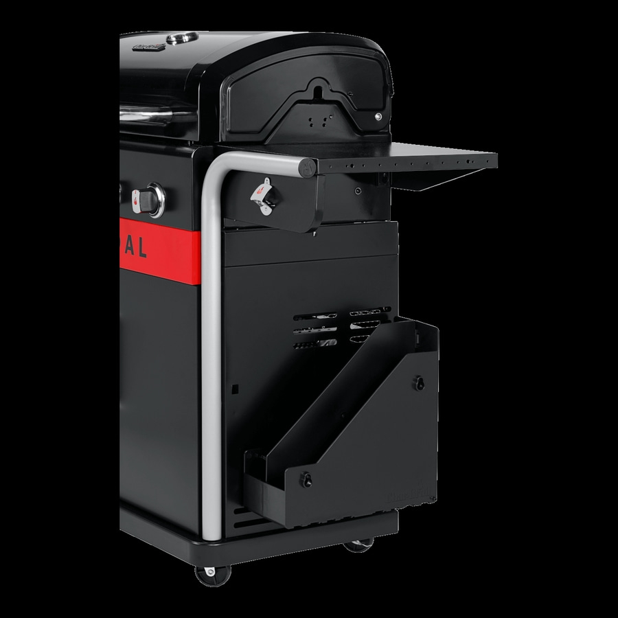 Schwarzer Grill mit rotem Akzent und silbernen Details, Seitenansicht