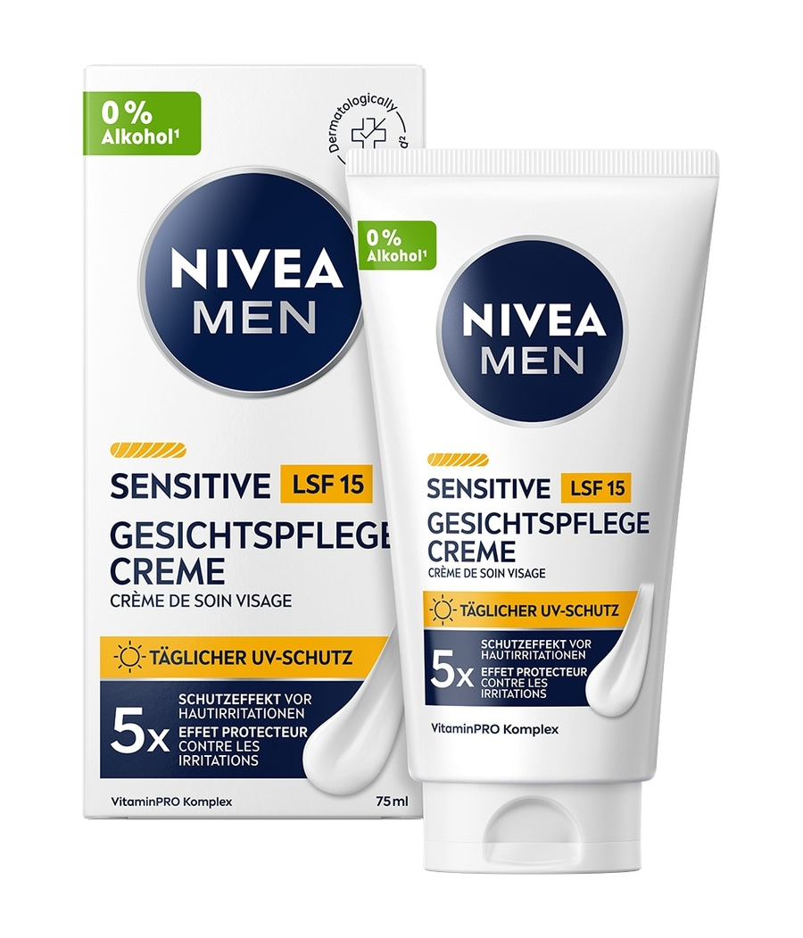 Nivea Men Sensitive LSF 15 Gesichtscreme mit 0% Alkohol und täglichem UV-Schutz.