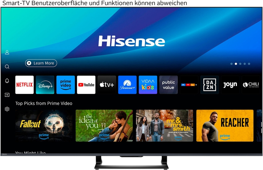 Hisense Smart-TV-Oberfläche mit Apps wie Netflix, Prime Video und YouTube.