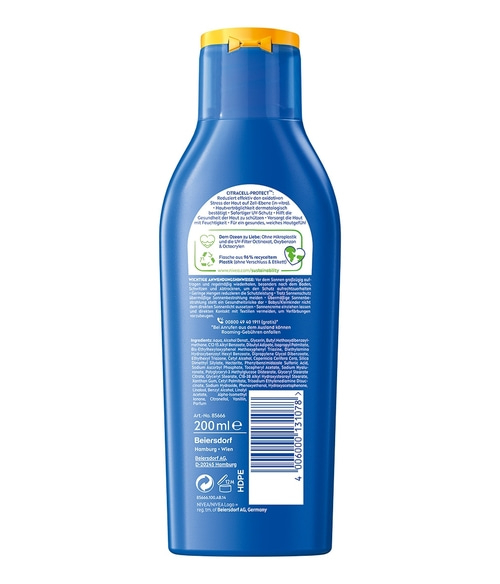 Sonnencreme-Flasche mit Inhaltsangaben, 200ml, recyceltes Plastik, UV-Schutz, Hautpflege