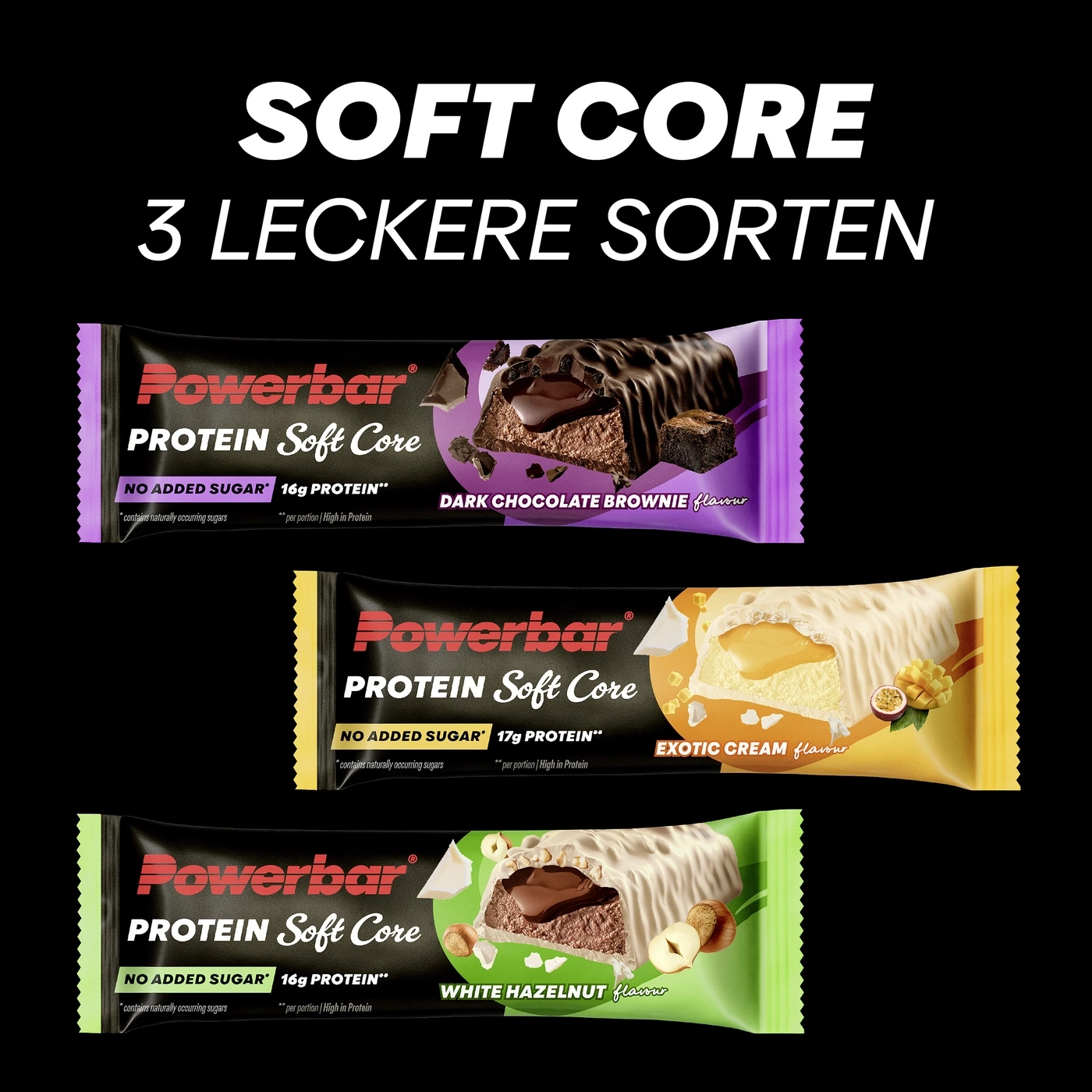 Powerbar Protein Soft Core Riegel in drei Geschmacksrichtungen: Dark Chocolate Brownie, Exotic Cream, White Hazelnut.