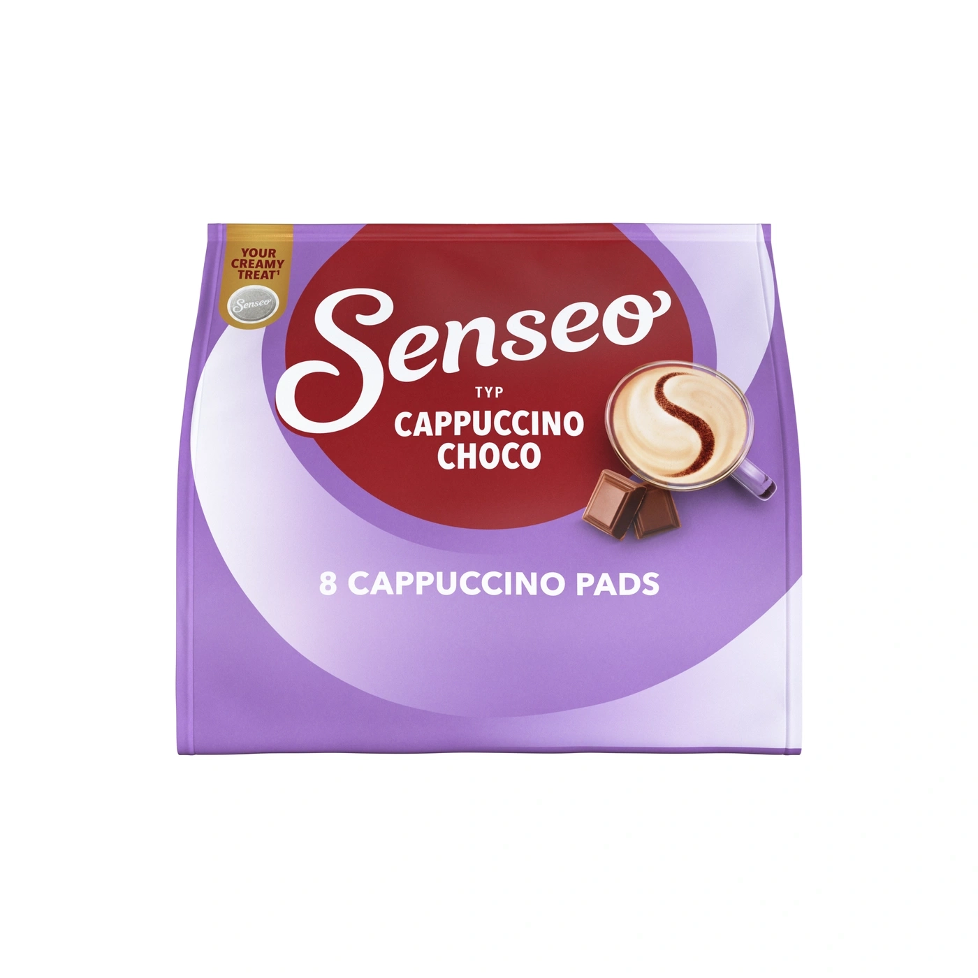 Senseo Cappuccino Choco mit 8 Pads auf lila Verpackung