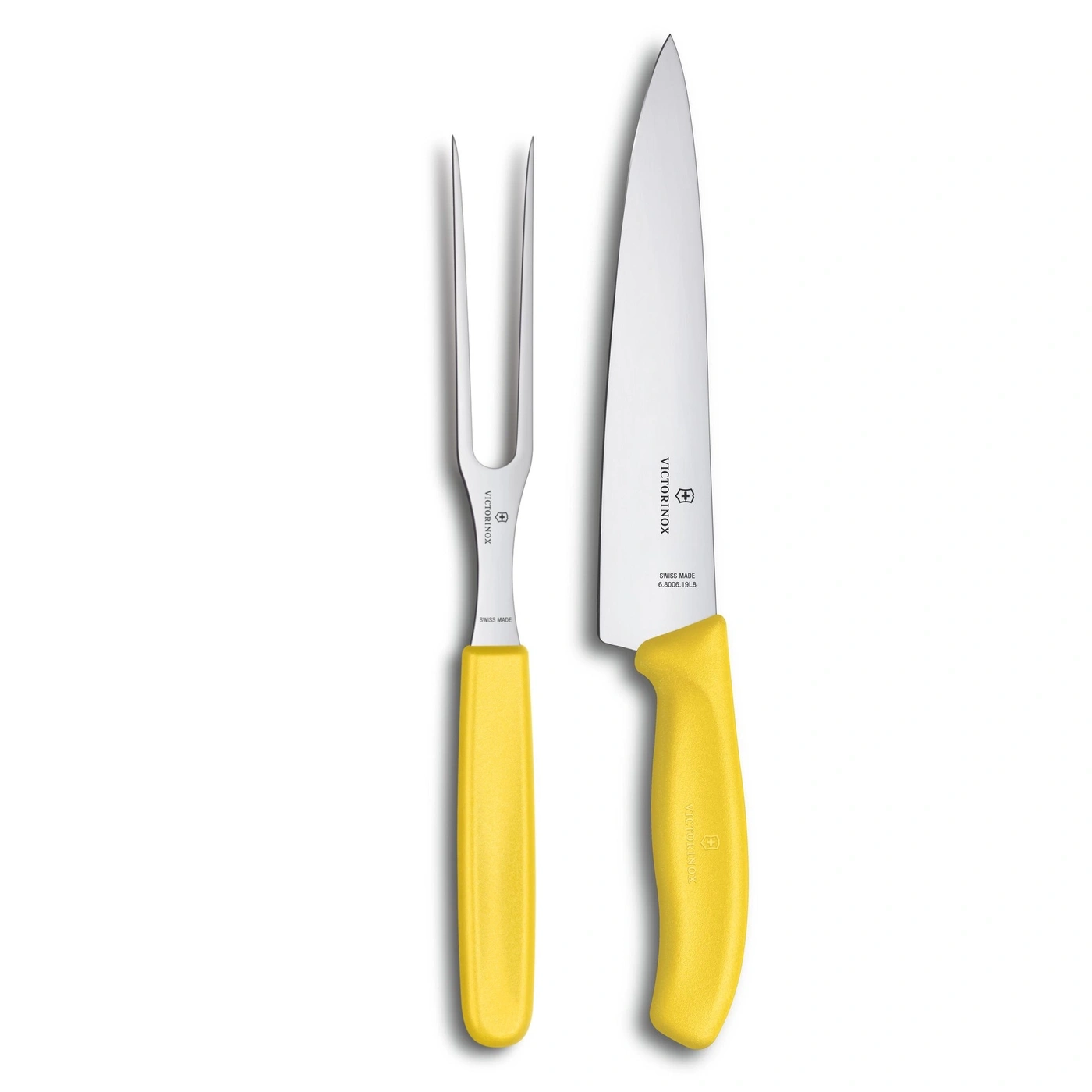 Gelbes Messer und Gabel von Victorinox, Schweizer Qualität, isoliert auf Weiß