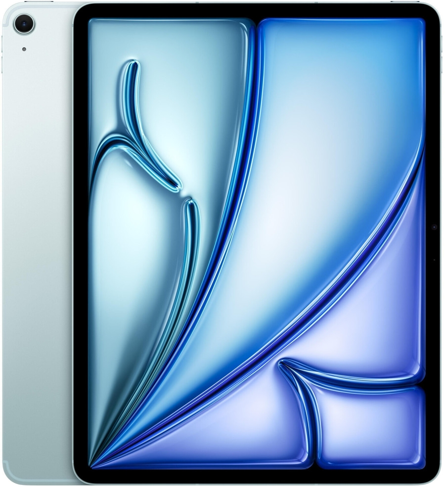 Tablet mit blauem Bildschirm und silberner Rückseite, modernes Design, Technologie