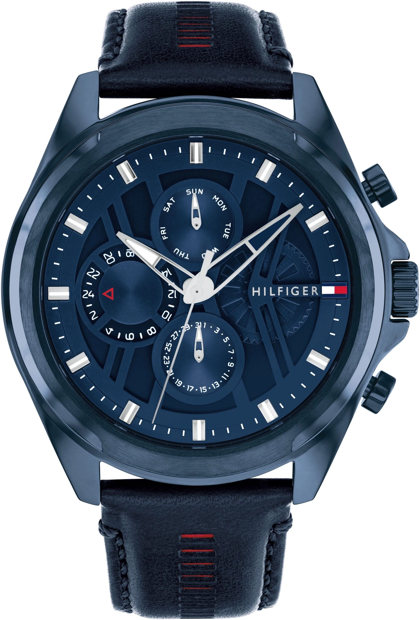 Tommy Hilfiger Uhr mit blauem Zifferblatt und schwarzem Lederarmband