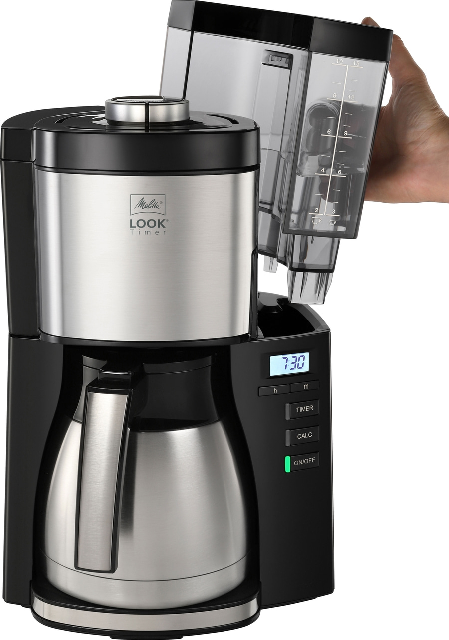 Kaffeemaschine mit Wassertank, Uhrzeit und Bedienknöpfen, Melitta Look Timer.