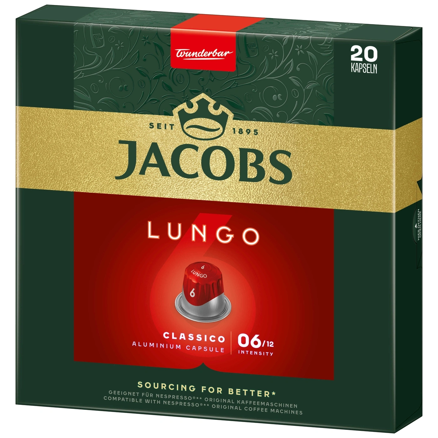 Jacobs Lungo Kaffeekapseln, 20 Kapseln, Classico, Intensität 6/12, Aluminium Kapsel