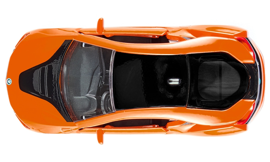 Orangefarbenes Spielzeugauto, Draufsicht, glänzend, detailliert, Spielzeug, Modellauto, isoliert