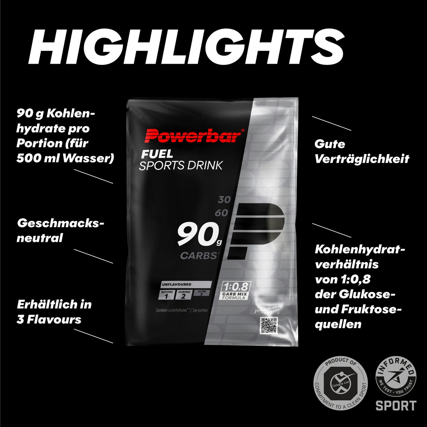 POWERBAR Kohlenhydratgetränk Fuel 90 Unflouvered High Carb Sports Drink 10x 93 g