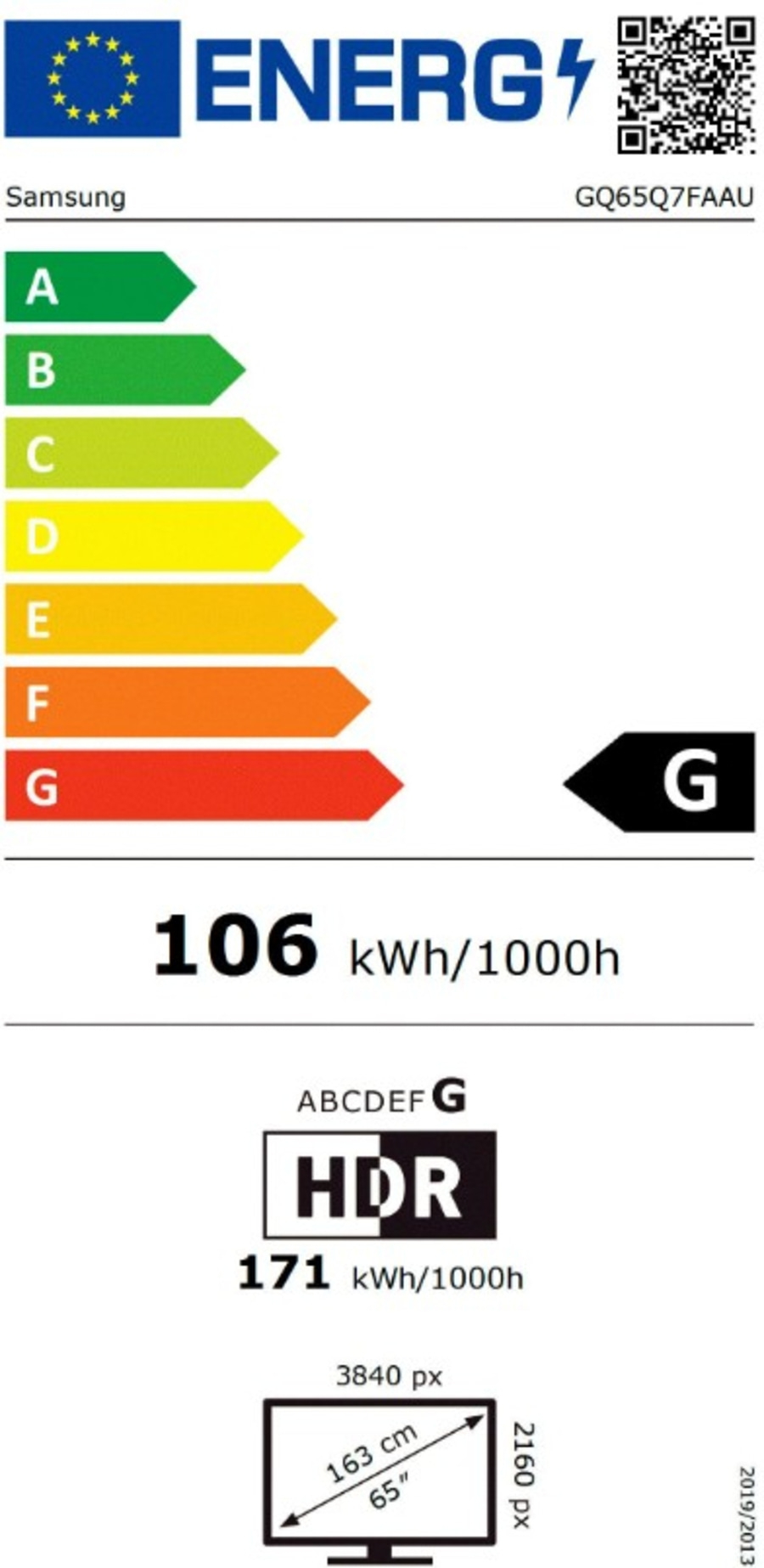 Energieeffizienzlabel für Samsung GQ65Q7FAAU Fernseher, Energieklasse G, 106 kWh/1000h
