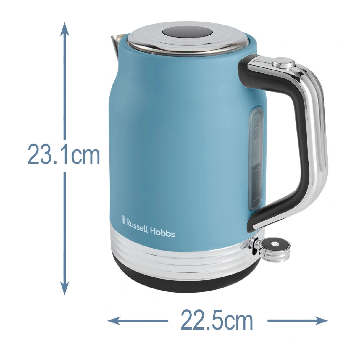 Ein blauer Wasserkocher von Russell Hobbs mit den Maßen 23,1 cm Höhe und 22,5 cm Breite.