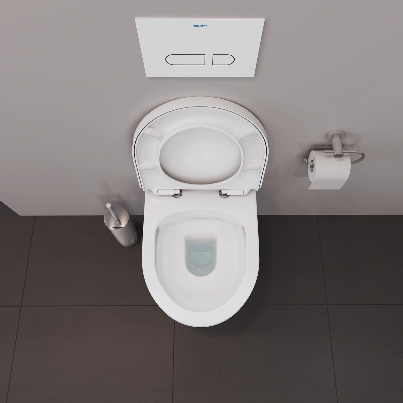 Draufsicht auf eine weiße Toilette mit Toilettensitz und Spülung, Toilettenpapierhalter